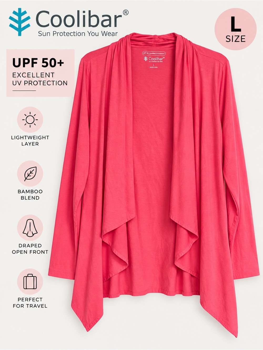 Coolibar UPF 50+ Pink Bamboo Draped Open Front Cardigan Size Large